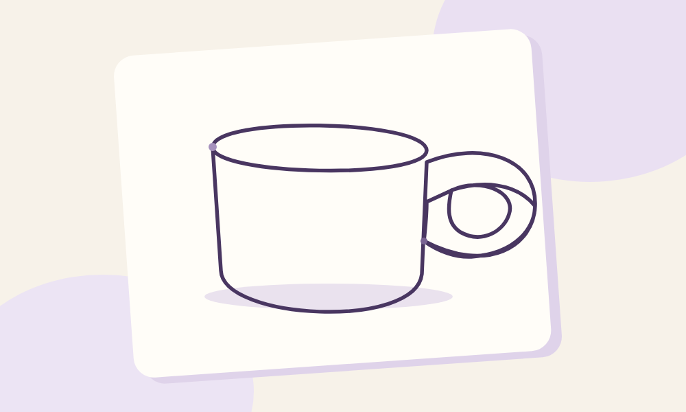 Eine einzige fließende violette Linie bildet eine Tasse mit Henkel und überlappendem Rand.